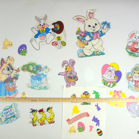 Vintage Easter Theme Window Clings Bunnies Decorations Reusable Lot 25+ - Picture 7 of 9